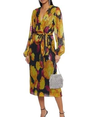 Belladonna Wrap-Effect Metallic Printed Plissé-
Jersey Midi Dress